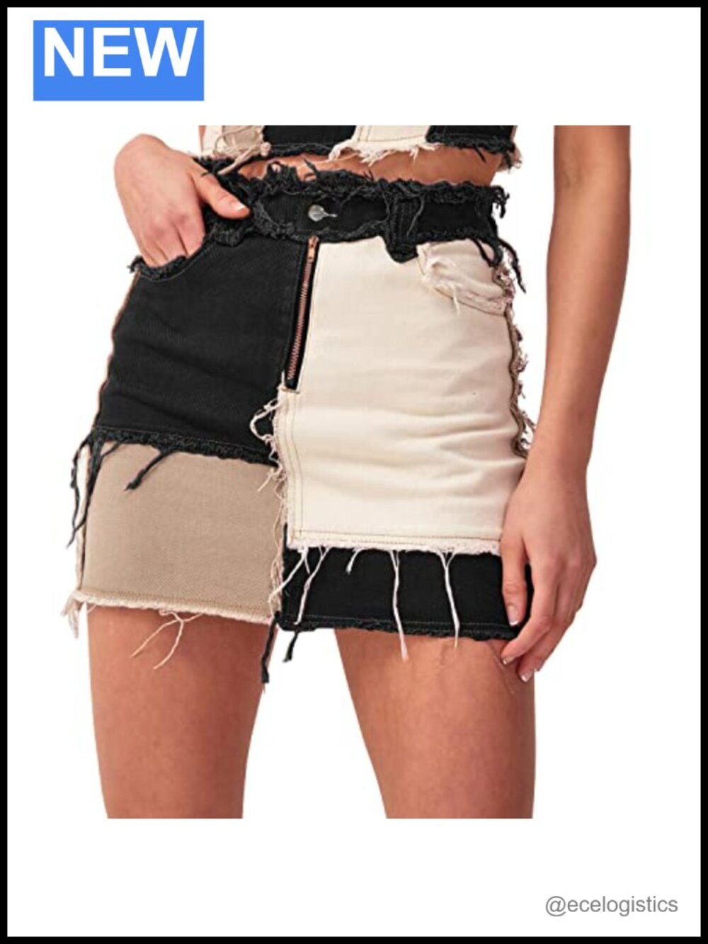 Mid-Rise Color Block Patchwork Ripped Stretch Denim Skirt